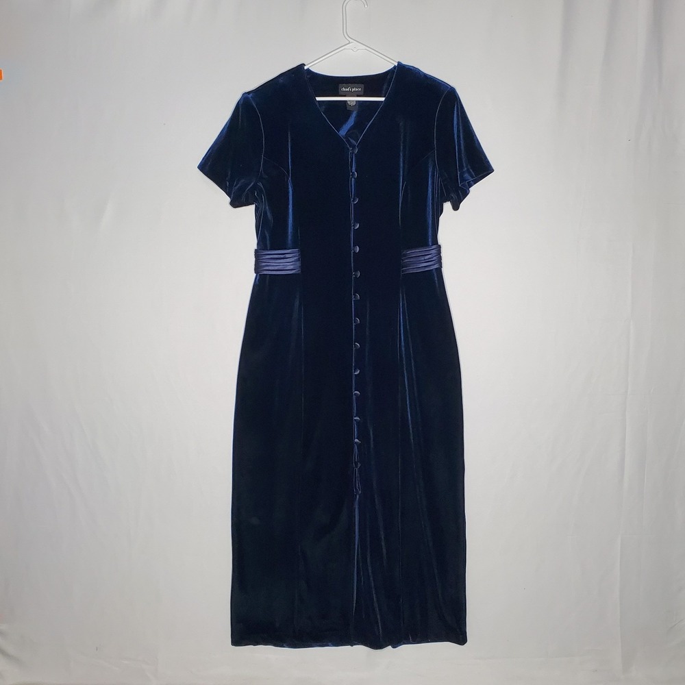 Chad's Place Velvet Full Button Dress 18 Navy Short Sleeve Evening Old Money
